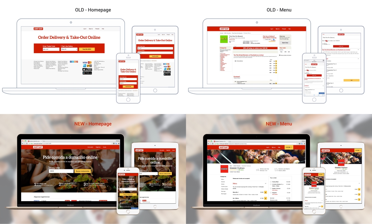 Screenshots showing the improvement in the user interface delivered to JUST EAT customers through migration of a country from legacy to responsive platform.