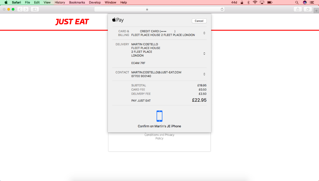 The Apple Pay payment sheet in macOS Sierra.